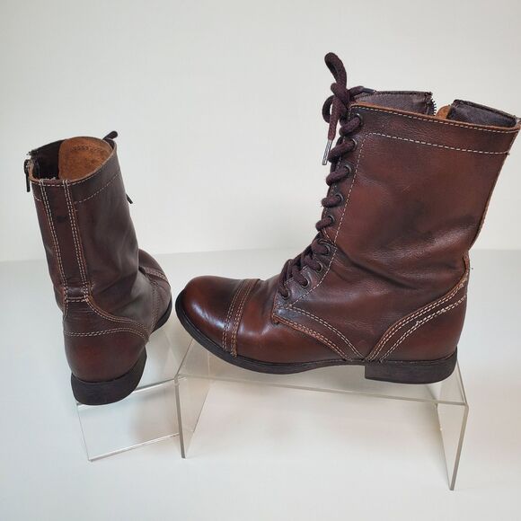 Steve Madden Women’s Boots Size 7.5 Brown Leather Troopa Combat Lace-Up Side Zip - Picture 7 of 13